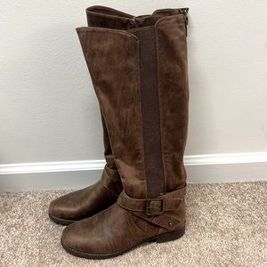 Brown knew-high suede boots